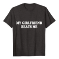 Close-up of the My Girlfriend Beats Me letter print on dark grey cotton t-shirt - S / Marl Grey