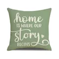 Housse de coussin vert sauge en lin avec texte blanc Home Is Where Our Story Begins - Impression Our Story Begins (YME57-3) / 45x45cm / Vert Gris