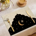 Ramadan moon and star pattern linen placemat with gold arch design for Middle East decor - Black Gold Moon Arch Style (CDZ1-11)