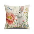 Housse de coussin carrée avec lapin blanc, fleurs rouges et motif libellule bleue - Illustration Fleurie Lapin Blanc (YME57-4) / 45x45cm / Blanc Cassé