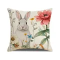 Housse de coussin carrée en lin avec imprimé lapin blanc réaliste et fleurs roses - Lapin Blanc Dessiné à la Main (YME57-1) / 45x45cm / Blanc Cassé