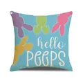 Easter rabbit throw pillow cover with hello PEEPS print on blue linen fabric - Sky Blue Rabbit Text Pattern (YME44-7)
