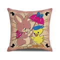 Linen cushion cover with vintage cartoon rabbit and duck printing for home decor - Pink Rabbit and Duck with Umbrella Style (YME38-2) / 45x45CM (No Core)