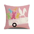 Linen sofa pillowcase featuring a cute pink truck with colorful Easter bunny prints - Pink Truck Carrying Rabbits Pattern (YME44-8)