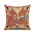 Linen cushion cover with vintage cartoon bunnies and Easter eggs pattern in warm brown - Two Rabbits and Easter Eggs Style (YME38-3) / 45x45CM (No Core)