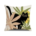 Linen pillowcase featuring minimalist black cat and tropical leaves on white background - Minimalist Black Cat with Tropical Foliage (YMC30-4)