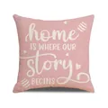 Housse de coussin de Pâques en lin rose avec lettrage artistique Home et motifs de cœurs - 45x45cm / Style Texte Home Our Story Begins Rose (YME54-3)