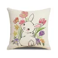 Paas kussensloop met aquarel wit konijn en kleurrijke lentebloemen op linnenlook - Aquarel Konijn Bloemen Stijl (YME56-2)