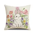 Pasen kussenhoes met aquarel konijn en tulpenbloemen op linnen stof decoratie - Schattig Wit Konijn Tulp Stijl (YME56-3)
