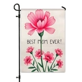 Double-sided linen garden flag with pink cosmos and Best Mom Ever text on black metal stand - Pink Cosmos Floral (HYQ23-2)