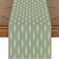 Morandi green table runner with white leaf patterns on rustic dark wood dining table - Morandi Green Arrow Geometric Style (ZQ19-2) / 33X180cm