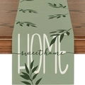 Sage green table runner with botanical leaf prints and sweet home typography design - Sage Green HOME Print Style (ZQ19-3) / 33X180cm
