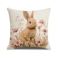 Beige linnen kussenhoes met aquarel konijn en roze bloemen voor Pasen decoratie - Aquarel Konijn Bloem Illustratie Stijl (YME40-1)