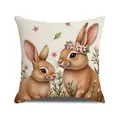 Linen Easter pillowcase with cute bunny print and pink floral accents for home decor - Double Brown Bunny Floral Headpiece Illustration Style (YME40-12)
