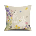 Nordic linen pillowcase featuring colorful floral print with two white rabbits and butterflies - Two White Rabbits Animals and Floral Style (YMS92-1)