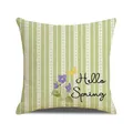 Green striped linen pillowcase with purple flowers and Hello Spring text - Hello Spring Green Vertical Stripe Style (YMS92-2)