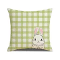 Green gingham linen pillowcase featuring a cute hand-drawn white rabbit illustration - Green Gingham Illustration White Rabbit Style (YMS92-3)