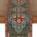 Bohemian table runner with vintage geometric floral patterns on a dark wooden surface - Wine Red Ethnic Geometric Abstract Floral Style (ZQ18-8)