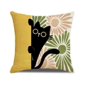 Linen cushion cover featuring a black cat peeking behind yellow block and floral pattern - Peeping Black Cat with Chrysanthemum Pattern (YMC30-3)