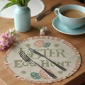 Round linen Easter table mat with bunny and egg motifs for festive dining decor - Easter Egg Hunt Text (CDE1--7)