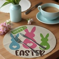 Round linen Easter placemat featuring colorful bunny silhouettes and Hoppy Easter text - Hoppy Easter Bunny (CDE1-3)