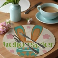 Linen placemat with hello easter text and bunny ears pattern on wooden table - Hello Easter Ears (CDE1-4)