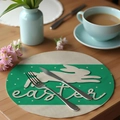 Linen placemat with white rabbit Easter silhouette on a round woven textured beige fabric - Green Band Rabbit (CDE1--9)