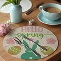 Linen round placemat featuring HELLO spring text and green bunny silhouettes - Hello Spring Green Rabbit (CDE1--11)