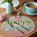 Round linen placemat with pink bunny ears and Happy Easter text on a wooden table - Happy Easter Bunny Ears (CDE1--13)