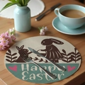 Round linen Happy Easter placemat featuring a rabbit silhouette and floral green accents - Happy Easter Heart (CDE1--14)