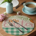 Linen Easter round placemat with Hello Easter text and green checkered pattern - Hello Easter Carrot (CDE1--16)