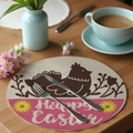 Round linen Easter placemat with pink block and rooster Happy Easter print - Happy Easter Rooster (CDE1--17)