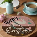 Round linen placemat with Happy Easter bunny print in pink and brown tones - Happy Easter Patchwork (CDE1--20)