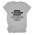 Detail of grey crewneck T-shirt with teacher slogan and rolled cuffs in soft cotton blend - Light Grey (Black Font)