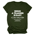 Detail view of dark green crew neck T-shirt with white teacher quote print and rolled sleeves - Army Green (White Font)