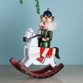 Wooden Nutcracker King on a white rocking horse with green soldier uniform and gold crown - Green / 30.0cm Height