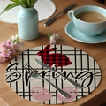 Round linen placemat with spring rabbit design and red plaid bunny silhouette - Spring Grid Rabbit (CDE1--24)
