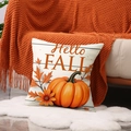 Funda de cojín Hello Fall de lino con calabaza y hojas sobre fondo de madera blanca - Fondo Blanco Calabaza Hoja de Arce (Hello Fall)