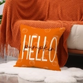 Funda de cojín otoñal de lino naranja con texto HELLO pumpkin y patrones de calabaza - Fondo Naranja Calabaza (Hello Pumpkin)
