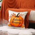 Funda de cojín otoñal de lino con diseño de calabaza y texto Autumn Blessings - Fondo Blanco Calabaza Hojas de Otoño (Autumn Blessings)