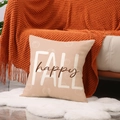Autumn themed pillow cover with white pumpkin print and Happy Fall text on beige fabric - Happy Fall Artistic Lettering Style (YMF60-3)