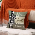 Plaid bow and Home Sweet Home print pumpkin pillow cover on textured striped background - Home Color Block Style (YMF63-2)