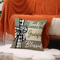 Linen pumpkin pillow cover with buffalo check bow and Grateful text on plush rug - Grateful Plaid Style (YMF63-3)