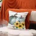 Autumn linen pumpkin and sunflower decorative pillowcase on cozy white faux fur rug - Hand-painted Pumpkin Sunflower Stripe Style (YMF61-1)