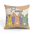 Easter bunny square linen pillowcase with colorful rabbit silhouettes and Peeps lettering - Beige Base Three Colorful Bunnies Peeps Style (YME70-8)