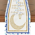 Ramadan Tischläufer aus Leinen mit goldenem Mond und Laternen auf weißem Stoff - Weiß Blau Gold Geometrisches Mond Laterne Muster (ZQZ1-5)