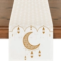 Eid Tischläufer aus Leinen mit goldenem Halbmond und Laternenmotiven auf Holztisch - Beige Blumen Halbmond Laterne Muster (ZQZ1-6)