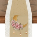 Leinen Tischläufer mit goldenem Halbmond und Laternen auf dunklem Holztisch - Sandgold Rosa Blume Halbmond Laterne Muster (ZQZ1-7)