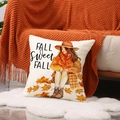 Herbst-Kissenbezug aus Leinen mit Fall Sweet Fall Illustration und bunten Ahornblättern - Herbst Mädchen Muster (YMF74-4) / 45x45 cm