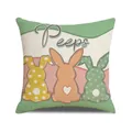 Linen Easter pillow cover with Peeps bunny print and colorful patterns for home decor - Green Base Three Colorful Bunnies Peeps Style (YME70-12)